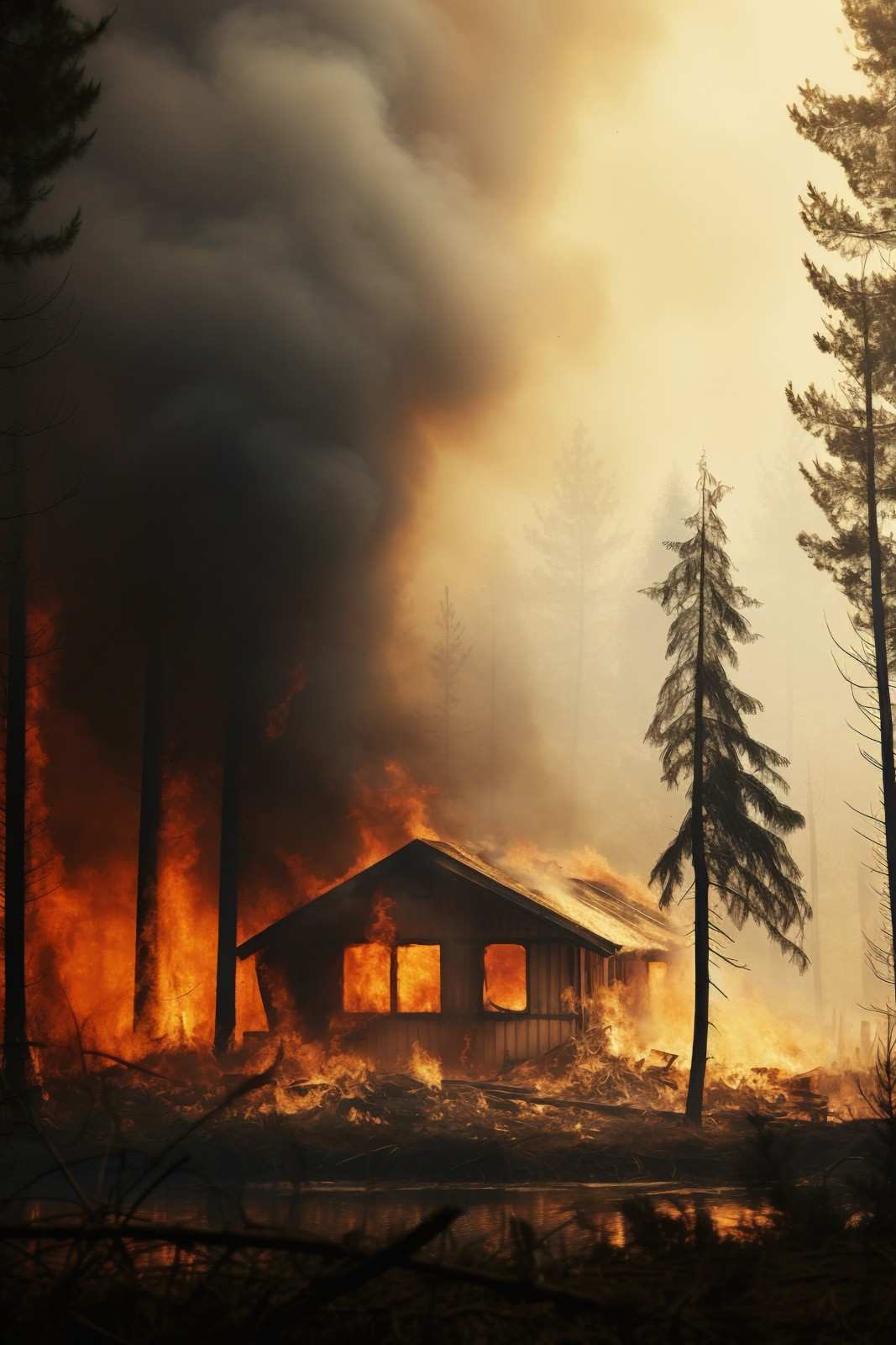 Small cabin completely engulfed in raging flames and thick smoke during a forest fire.