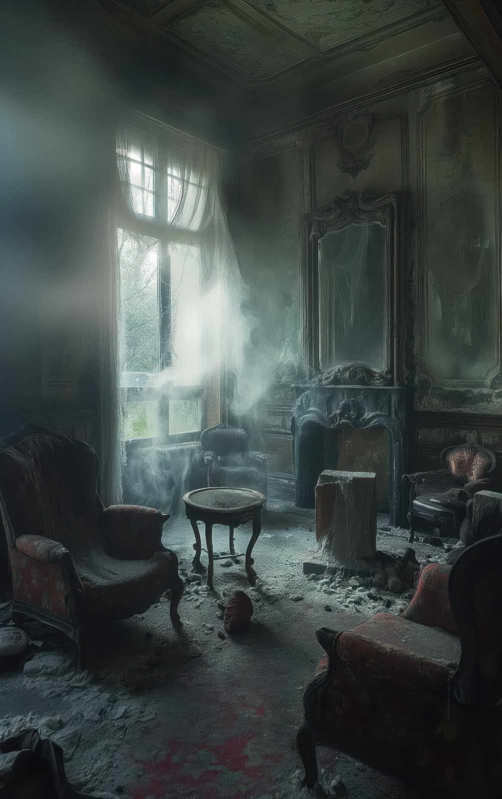 Dark interior room filled with heavy smoke damage and soot-covered furniture.