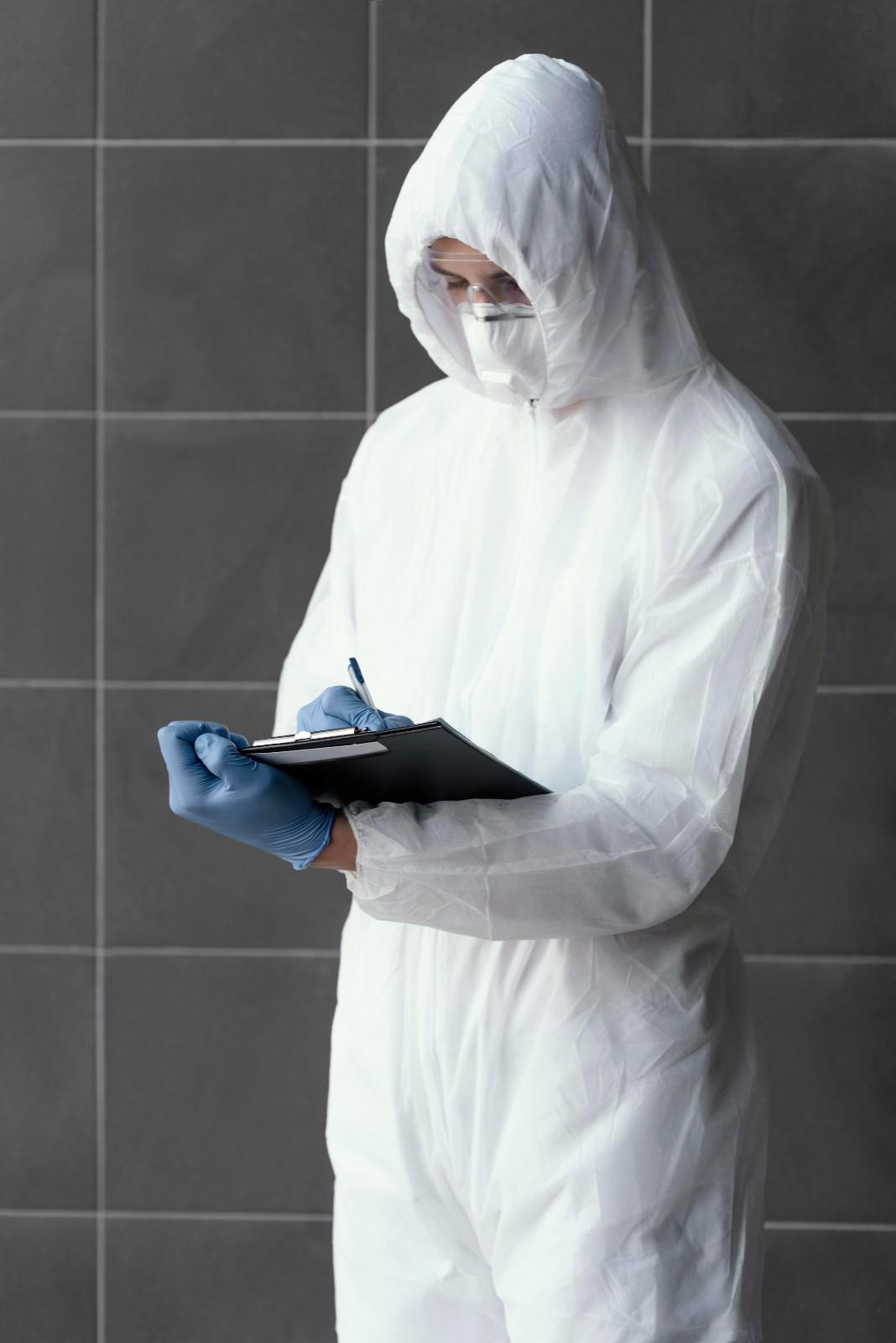 Certified mold remediation technician inspecting a property while wearing protective safety equipment