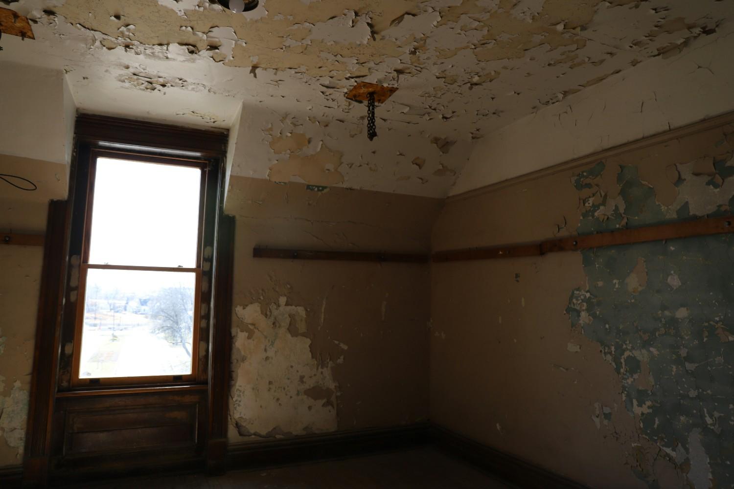 Severe indoor moisture damage causing extensive peeling paint on a ceiling, indicating mold.