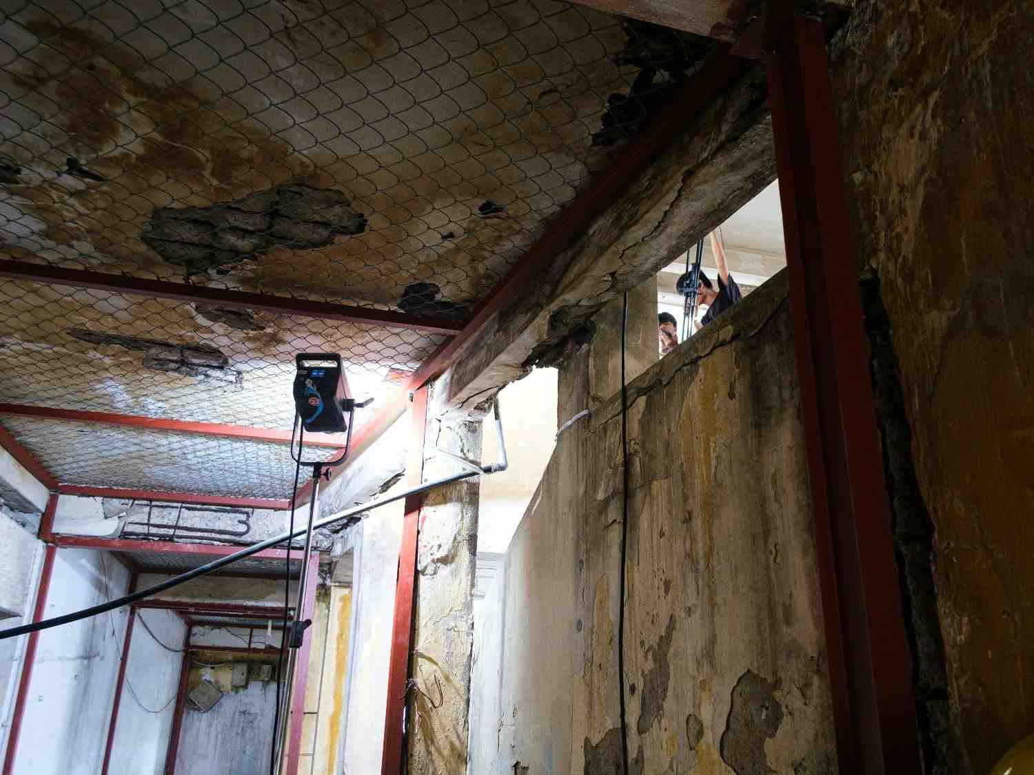 Commercial mold remediation setup in a Glen Burnie building with severe ceiling water damage.