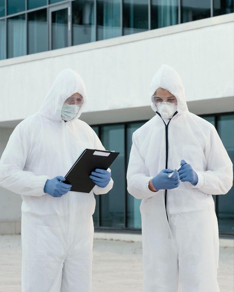 Two biohazard professionals in full protective hazmat suits inspecting a property with a clipboard and mold test sample.