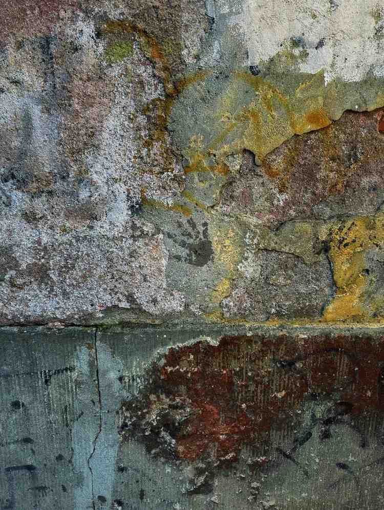 Heavy structural moisture damage showing colorful mold growth, peeling layers, and surface decay on a concrete wall.