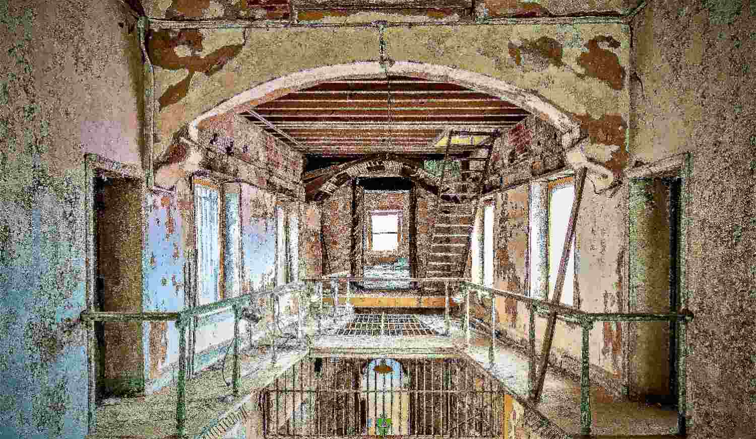 Severely decayed commercial interior in Waldorf showing extensive peeling paint and mold risk.