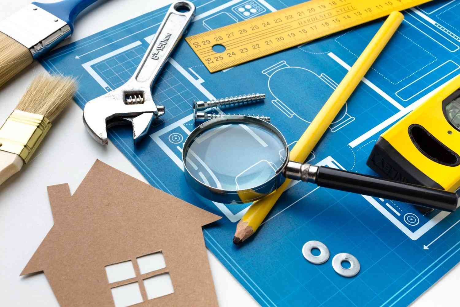 Blueprints with a cardboard house, magnifying glass, wrench, level, and other tools.