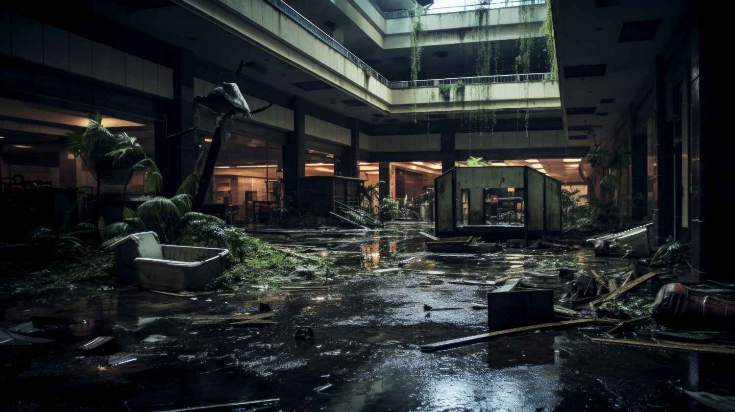 Water damage restoration experts responding to severe flooding inside a commercial property with standing water and debris.