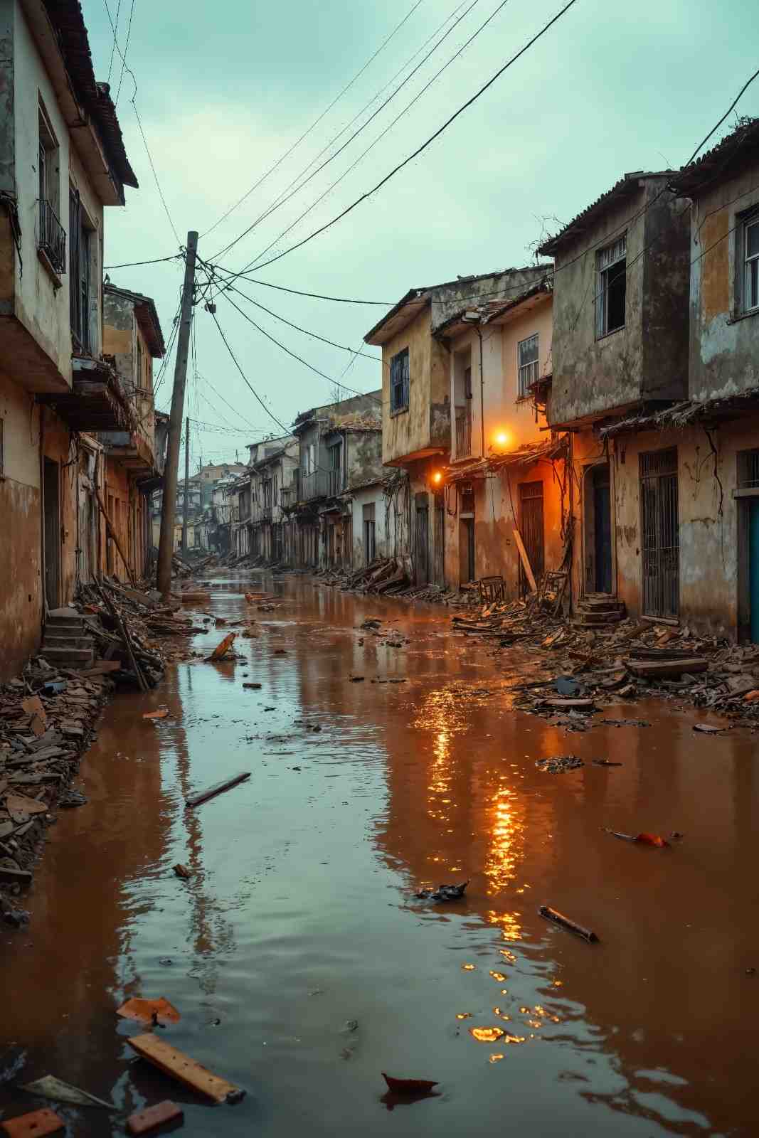Residential neighborhood affected by floodwater requiring emergency water damage restoration and cleanup services.