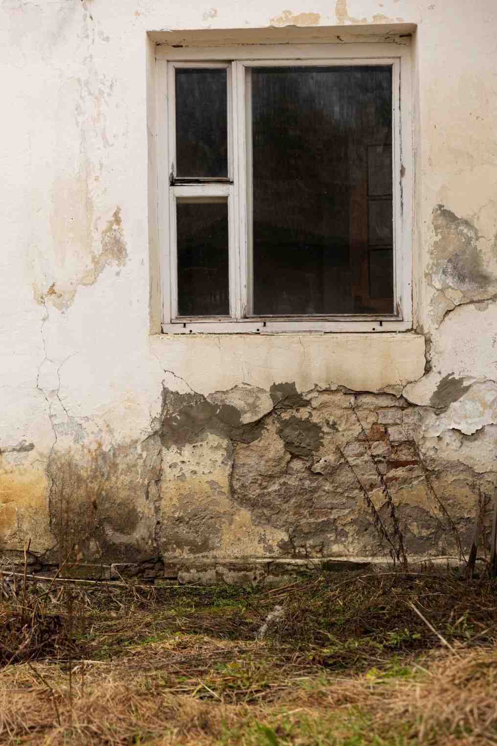 Peeling stucco wall and foundation moisture damage below a window.