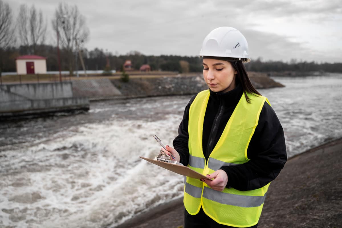 Water monitoring specialist assessing river conditions and documenting observations