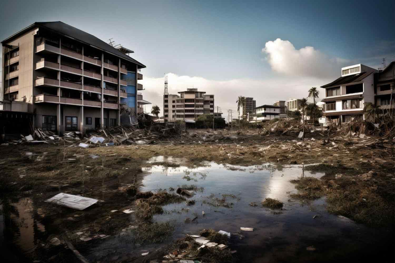 Severe flood damage leaving mud and heavy debris around urban buildings.
