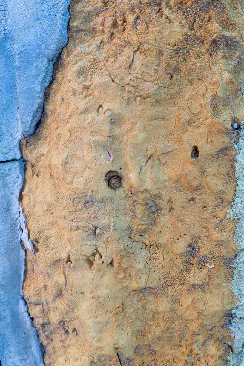 Peeling blue paint and bubbling, discolored plaster showing severe internal wall water damage.