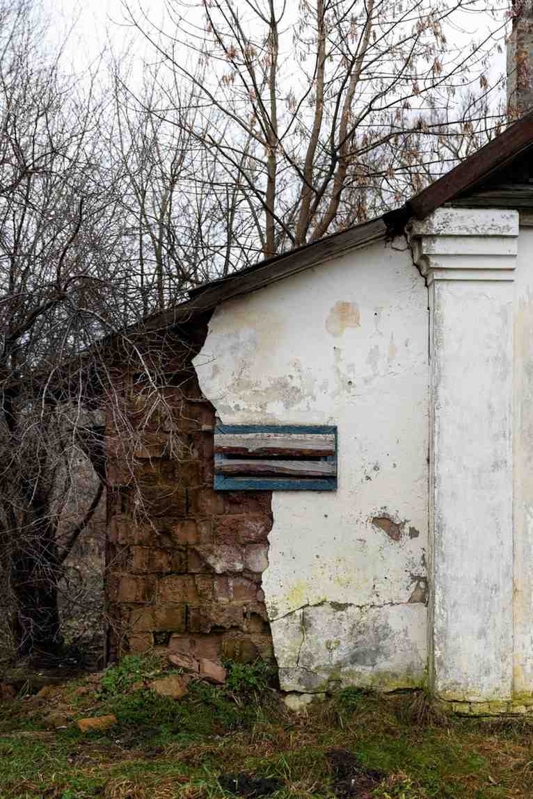Water-damaged crumbling wall with peeling plaster, exposed brick, and green growth.