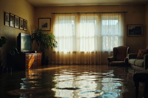 Standing water inside a flooded residential living room requiring extraction.