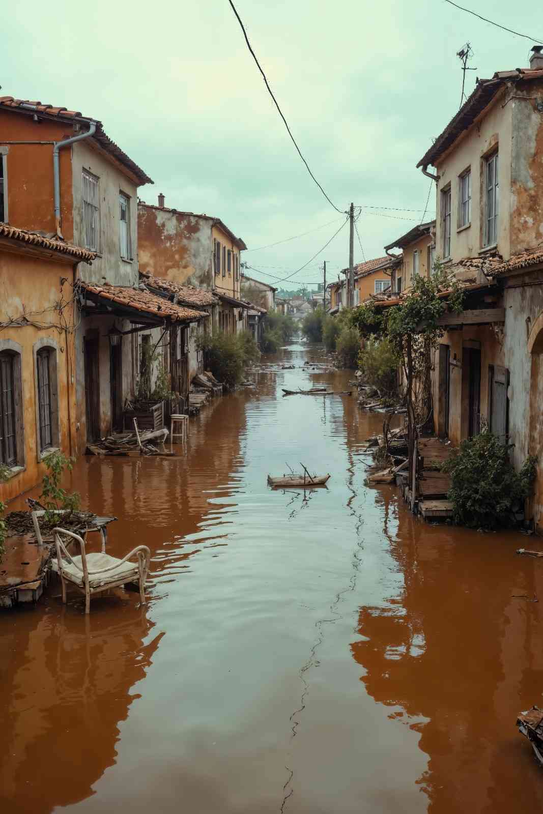 Severe street flooding between residential homes with murky brown water.