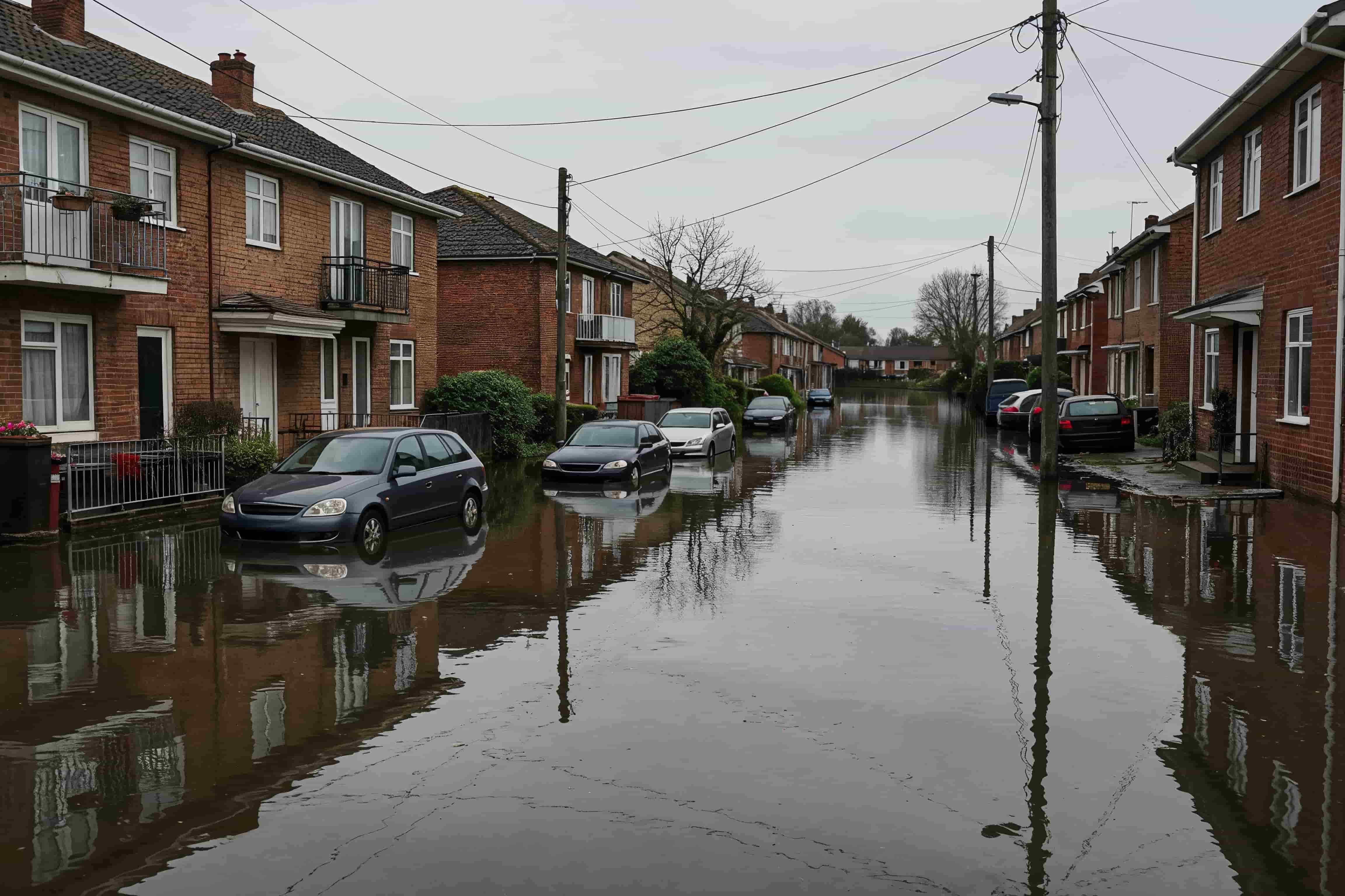 Saturated residential street with cars submerged in deep floodwaters.