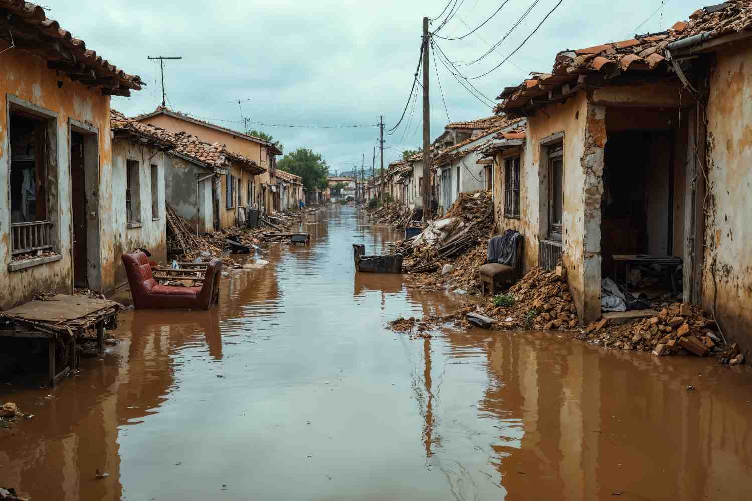 Flooded residential street with muddy water, damaged homes, and floating furniture after a severe natural disaster.