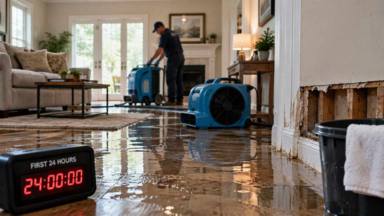 Water-damaged living room with standing water and professional restoration equipment