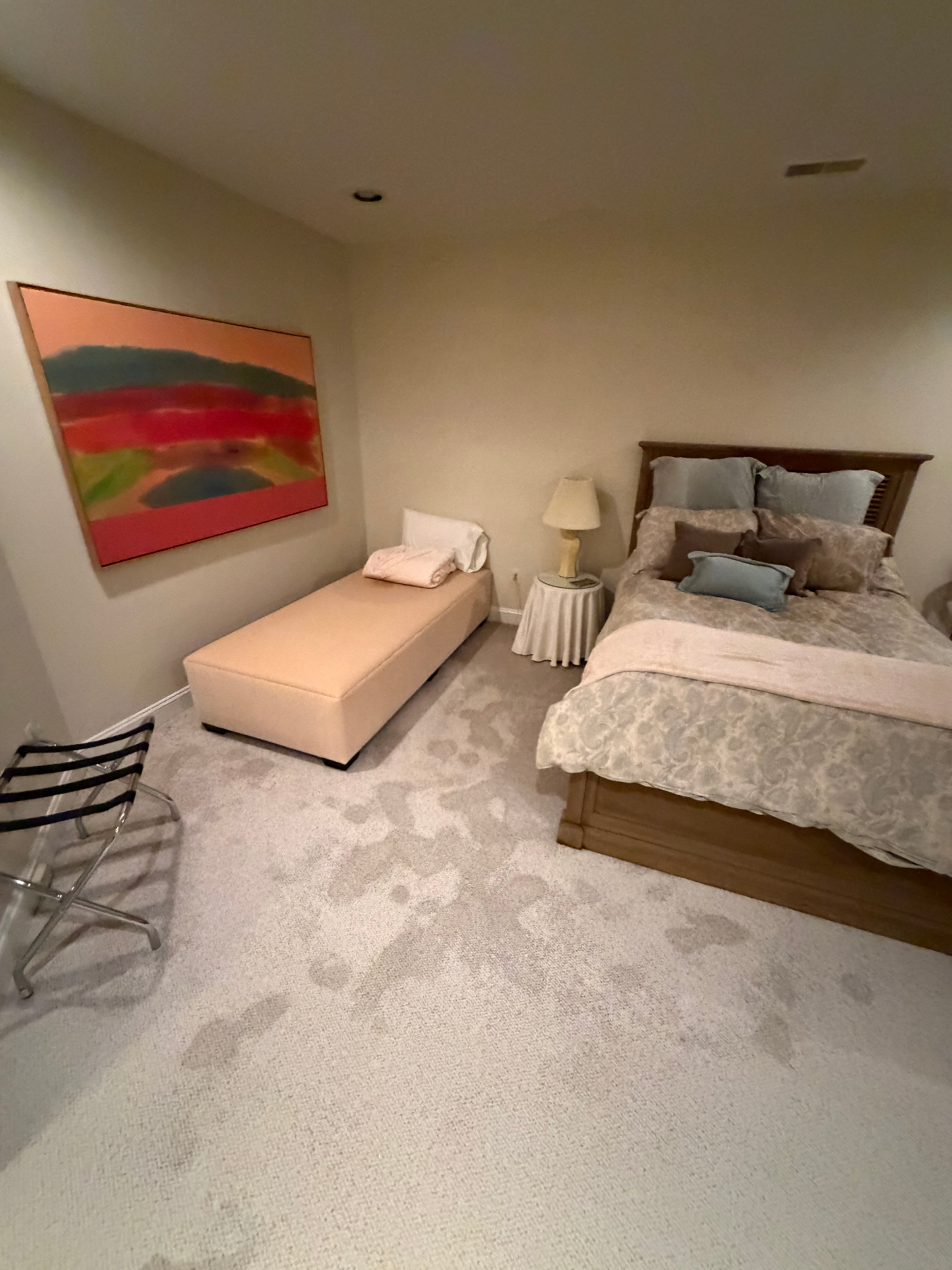 Water-stained carpet in bedroom requiring extraction
